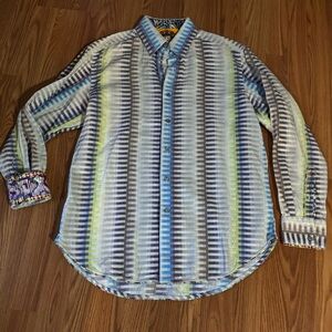 Robert Graham Vintage Abstract Geometric Stripe Colorful‎ Button Down Top Retro